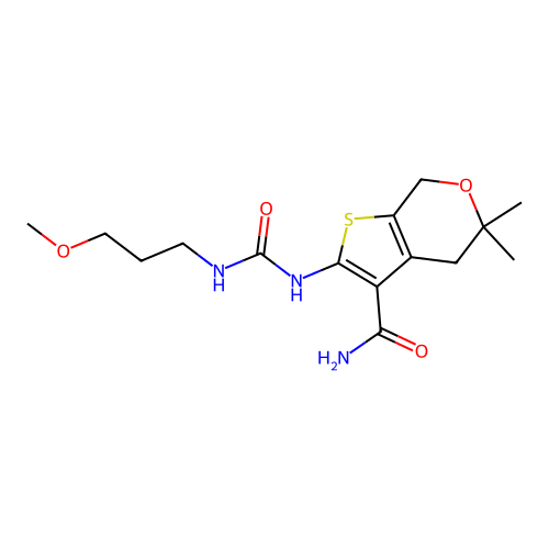 2-{[(3-methoxypropyl)carbamoyl]amino}-5,5-dimethyl-4,7-dihydro-5H-thieno[2,3-c]pyran-3-carboxamide structure