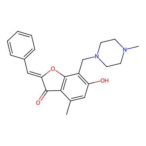 (2Z)-6-hydroxy-4-methyl-7-[(4-methylpiperazin-1-yl)methyl]-2-(phenylmethylidene)-2,3-dihydro-1-benzofuran-3-one structure