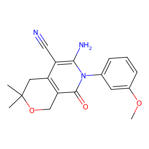 6-amino-7-(3-methoxyphenyl)-3,3-dimethyl-8-oxo-3,4,7,8-tetrahydro-1H-pyrano[3,4-c]pyridine-5-carbonitrile structure