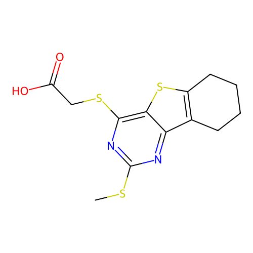 2-((2-(methylthio)-6,7,8,9-tetrahydrobenzo[4,5]thieno[3,2-d]pyrimidin-4-yl)thio)acetic acid structure