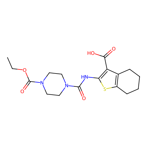 2-({[4-(ethoxycarbonyl)piperazin-1-yl]carbonyl}amino)-4,5,6,7-tetrahydro-1-benzothiophene-3-carboxylic acid structure