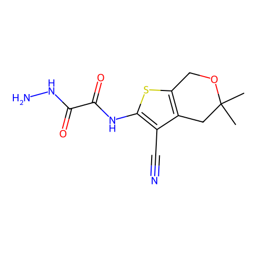 N-(3-cyano-5,5-dimethyl-4,7-dihydrothieno[2,3-c]pyran-2-yl)-2-hydrazinyl-2-oxoacetamide structure