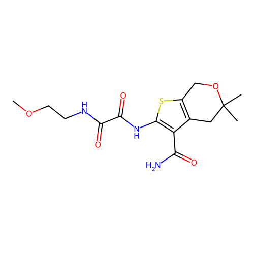 N'-(3-carbamoyl-5,5-dimethyl-4,7-dihydrothieno[2,3-c]pyran-2-yl)-N-(2-methoxyethyl)oxamide structure