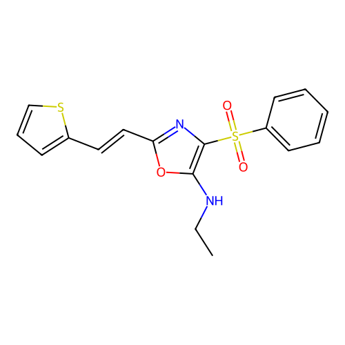N-ethyl-4-(phenylsulfonyl)-2-[(E)-2-(thiophen-2-yl)ethenyl]-1,3-oxazol-5-amine structure