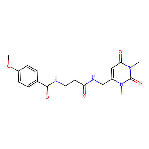 N-(3-(((1,3-dimethyl-2,6-dioxo-1,2,3,6-tetrahydropyrimidin-4-yl)methyl)amino)-3-oxopropyl)-4-methoxybenzamide structure