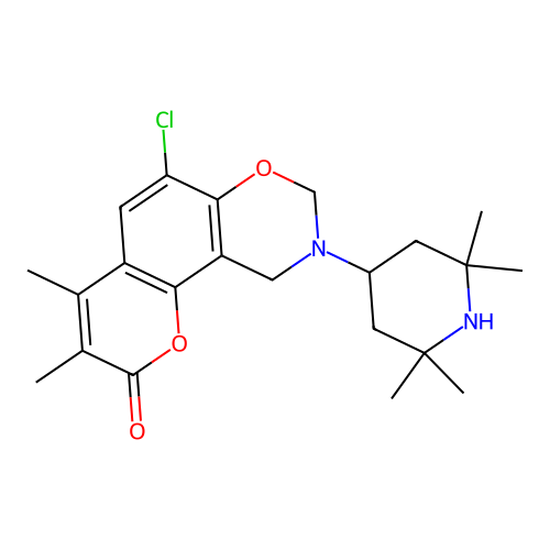 6-chloro-3,4-dimethyl-9-(2,2,6,6-tetramethylpiperidin-4-yl)-9,10-dihydrochromeno[8,7-e][1,3]oxazin-2(8H)-one structure