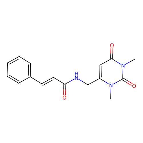 N-((1,3-dimethyl-2,6-dioxo-1,2,3,6-tetrahydropyrimidin-4-yl)methyl)cinnamamide structure