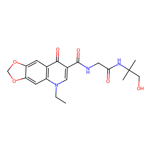 5-ethyl-N-(2-((1-hydroxy-2-methylpropan-2-yl)amino)-2-oxoethyl)-8-oxo-5,8-dihydro-[1,3]dioxolo[4,5-g]quinoline-7-carboxamide structure