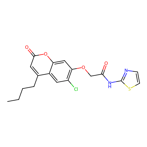 2-(4-butyl-6-chloro-2-oxochromen-7-yl)oxy-N-(1,3-thiazol-2-yl)acetamide structure