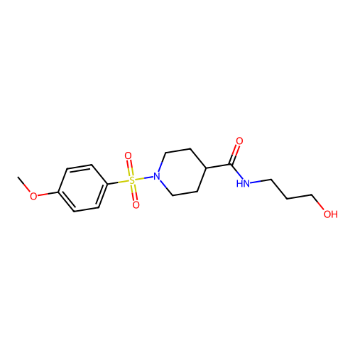 N-(3-hydroxypropyl)-1-((4-methoxyphenyl)sulfonyl)piperidine-4-carboxamide structure