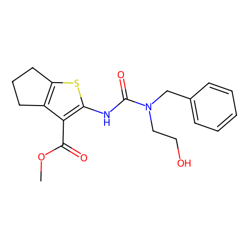 methyl 2-(3-benzyl-3-(2-hydroxyethyl)ureido)-5,6-dihydro-4H-cyclopenta[b]thiophene-3-carboxylate structure
