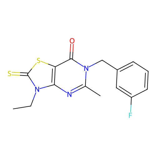 3-ethyl-6-(3-fluorobenzyl)-5-methyl-2-thioxo-2,3-dihydrothiazolo[4,5-d]pyrimidin-7(6H)-one structure