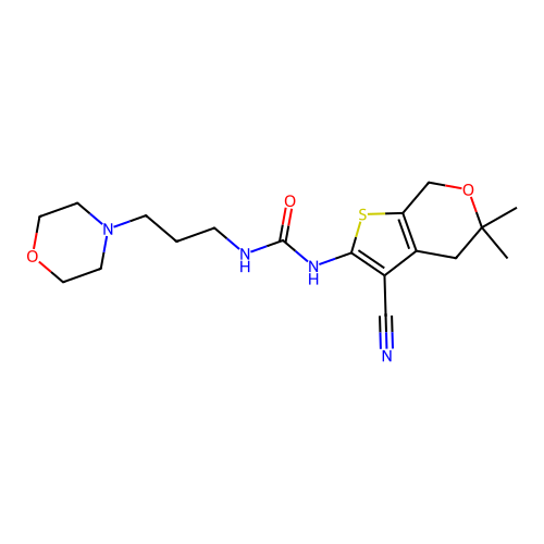 1-(3-cyano-5,5-dimethyl-4,7-dihydro-5H-thieno[2,3-c]pyran-2-yl)-3-[3-(morpholin-4-yl)propyl]urea structure