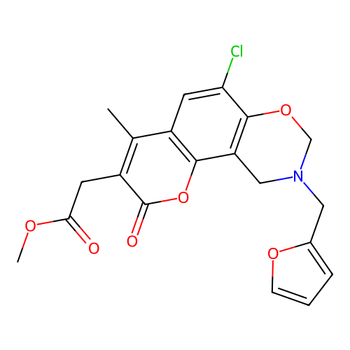 methyl 2-(6-chloro-9-(furan-2-ylmethyl)-4-methyl-2-oxo-2,8,9,10-tetrahydrochromeno[8,7-e][1,3]oxazin-3-yl)acetate structure