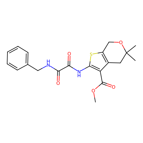 methyl 2-(2-(benzylamino)-2-oxoacetamido)-5,5-dimethyl-5,7-dihydro-4H-thieno[2,3-c]pyran-3-carboxylate structure