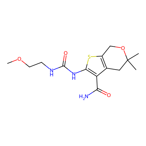 2-(2-methoxyethylcarbamoylamino)-5,5-dimethyl-4,7-dihydrothieno[2,3-c]pyran-3-carboxamide structure