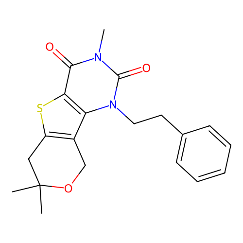 3,7,7-trimethyl-1-(2-phenylethyl)-6,9-dihydro-7H-pyrano[3',4':4,5]thieno[3,2-d]pyrimidine-2,4(1H,3H)-dione structure