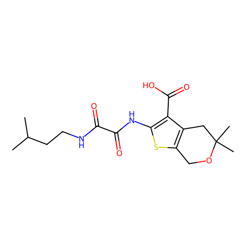 2-(2-(isopentylamino)-2-oxoacetamido)-5,5-dimethyl-5,7-dihydro-4H-thieno[2,3-c]pyran-3-carboxylic acid structure