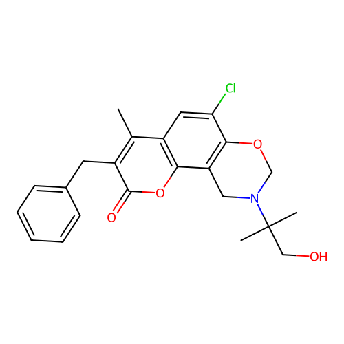 3-benzyl-6-chloro-9-(1-hydroxy-2-methylpropan-2-yl)-4-methyl-9,10-dihydrochromeno[8,7-e][1,3]oxazin-2(8H)-one structure