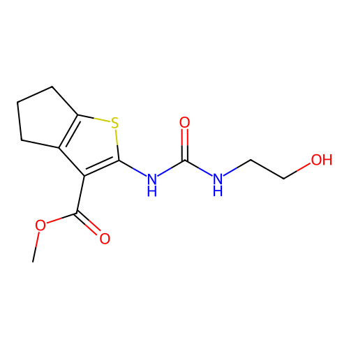 methyl 2-(2-hydroxyethylcarbamoylamino)-5,6-dihydro-4H-cyclopenta[b]thiophene-3-carboxylate structure