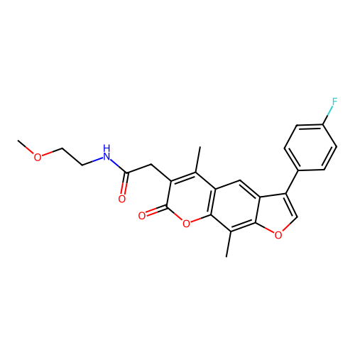 2-(3-(4-fluorophenyl)-5,9-dimethyl-7-oxo-7H-furo[3,2-g]chromen-6-yl)-N-(2-methoxyethyl)acetamide structure