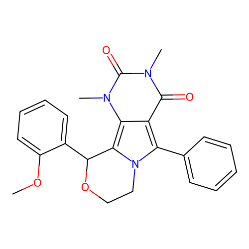 10-(2-methoxyphenyl)-1,3-dimethyl-5-phenyl-1,7,8,10-tetrahydro-2H-pyrimido[4',5':3,4]pyrrolo[2,1-c][1,4]oxazine-2,4(3H)-dione structure