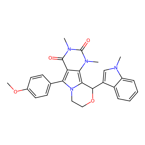 5-(4-methoxyphenyl)-1,3-dimethyl-10-(1-methyl-1H-indol-3-yl)-1,7,8,10-tetrahydro-2H-pyrimido[4',5':3,4]pyrrolo[2,1-c][1,4]oxazine-2,4(3H)-dione structure