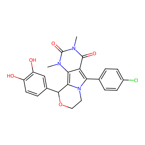 5-(4-chlorophenyl)-10-(3,4-dihydroxyphenyl)-1,3-dimethyl-1,7,8,10-tetrahydro-2H-pyrimido[4',5':3,4]pyrrolo[2,1-c][1,4]oxazine-2,4(3H)-dione structure
