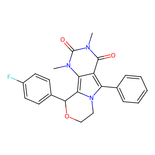 10-(4-fluorophenyl)-1,3-dimethyl-5-phenyl-1,7,8,10-tetrahydro-2H-pyrimido[4',5':3,4]pyrrolo[2,1-c][1,4]oxazine-2,4(3H)-dione structure