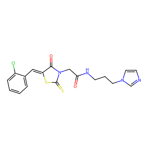 (Z)-N-(3-(1H-imidazol-1-yl)propyl)-2-(5-(2-chlorobenzylidene)-4-oxo-2-thioxothiazolidin-3-yl)acetamide structure