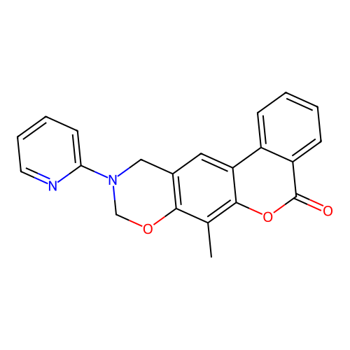 7-methyl-10-(pyridin-2-yl)-10,11-dihydrobenzo[3,4]chromeno[6,7-e][1,3]oxazin-5(9H)-one structure