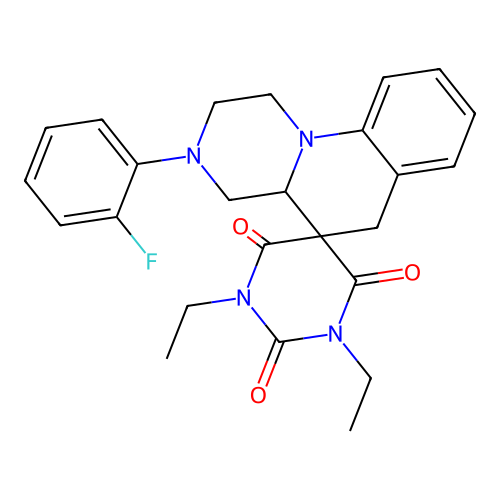 1',3'-diethyl-3-(2-fluorophenyl)-1,2,3,4,4a,6-hexahydro-1'H-spiro[pyrazino[1,2-a]quinoline-5,5'-pyrimidine]-2',4',6'(3'H)-trione structure