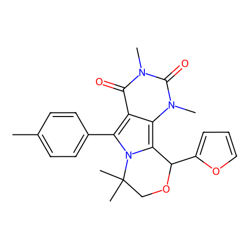 10-(furan-2-yl)-1,3,7,7-tetramethyl-5-(4-methylphenyl)-1,7,8,10-tetrahydro-2H-pyrimido[4',5':3,4]pyrrolo[2,1-c][1,4]oxazine-2,4(3H)-dione structure