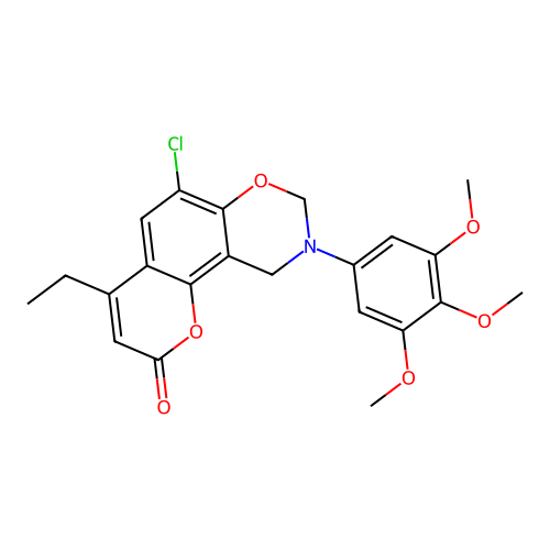 6-chloro-4-ethyl-9-(3,4,5-trimethoxyphenyl)-8,10-dihydropyrano[2,3-f][1,3]benzoxazin-2-one structure