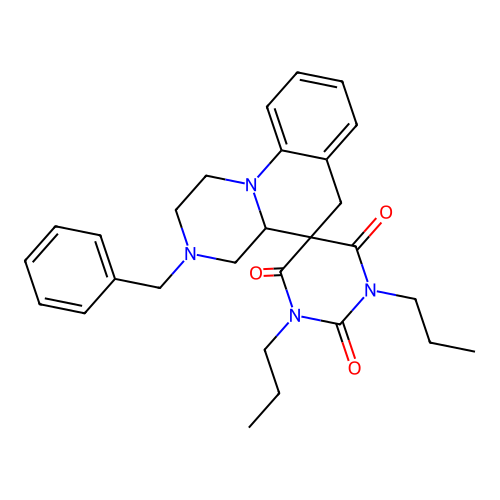 3'-benzyl-1,3-dipropylspiro[1,3-diazinane-5,5'-2,4,4a,6-tetrahydro-1H-pyrazino[1,2-a]quinoline]-2,4,6-trione structure