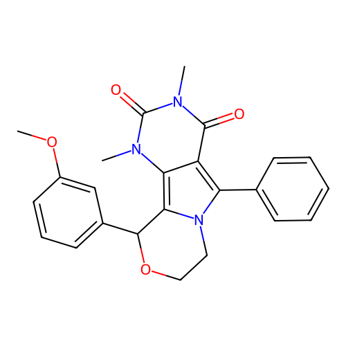 10-(3-methoxyphenyl)-1,3-dimethyl-5-phenyl-1,7,8,10-tetrahydro-2H-pyrimido[4',5':3,4]pyrrolo[2,1-c][1,4]oxazine-2,4(3H)-dione structure