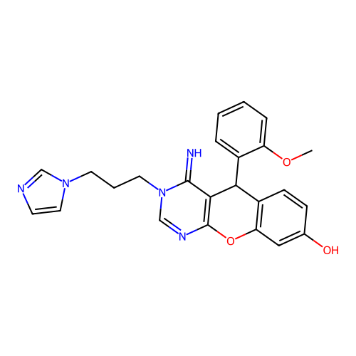 3-(3-imidazol-1-ylpropyl)-4-imino-5-(2-methoxyphenyl)-5H-chromeno[2,3-d]pyrimidin-8-ol structure