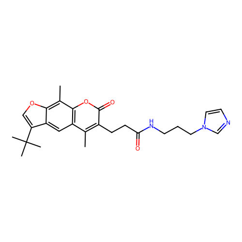 3-(3-tert-butyl-5,9-dimethyl-7-oxo-7H-furo[3,2-g]chromen-6-yl)-N-[3-(1H-imidazol-1-yl)propyl]propanamide structure