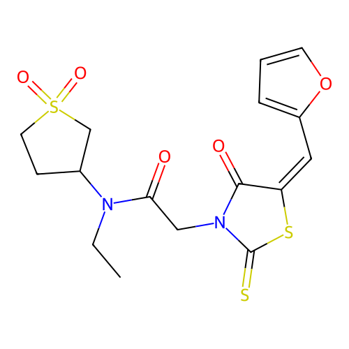 (E)-N-(1,1-dioxidotetrahydrothiophen-3-yl)-N-ethyl-2-(5-(furan-2-ylmethylene)-4-oxo-2-thioxothiazolidin-3-yl)acetamide structure