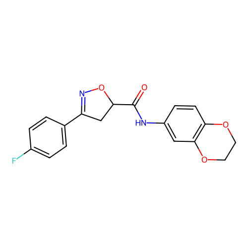 N-(2,3-dihydro-1,4-benzodioxin-6-yl)-3-(4-fluorophenyl)-4,5-dihydro-1,2-oxazole-5-carboxamide structure