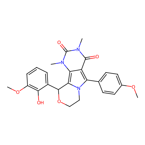 10-(2-hydroxy-3-methoxyphenyl)-5-(4-methoxyphenyl)-1,3-dimethyl-1,7,8,10-tetrahydro-2H-pyrimido[4',5':3,4]pyrrolo[2,1-c][1,4]oxazine-2,4(3H)-dione structure