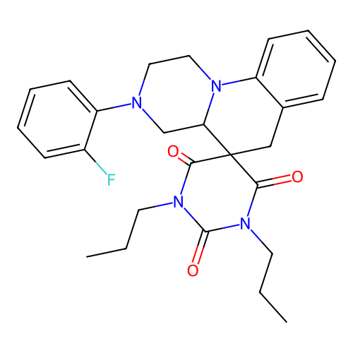 3'-(2-fluorophenyl)-1,3-dipropylspiro[1,3-diazinane-5,5'-2,4,4a,6-tetrahydro-1H-pyrazino[1,2-a]quinoline]-2,4,6-trione structure