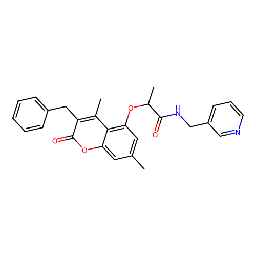 2-((3-benzyl-4,7-dimethyl-2-oxo-2H-chromen-5-yl)oxy)-N-(pyridin-3-ylmethyl)propanamide structure