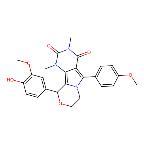 10-(4-hydroxy-3-methoxyphenyl)-5-(4-methoxyphenyl)-1,3-dimethyl-1,7,8,10-tetrahydro-2H-pyrimido[4',5':3,4]pyrrolo[2,1-c][1,4]oxazine-2,4(3H)-dione structure