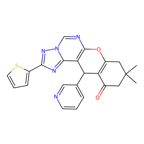 9,9-dimethyl-12-(pyridin-3-yl)-2-(thiophen-2-yl)-8,9,10,12-tetrahydro-11H-chromeno[3,2-e][1,2,4]triazolo[1,5-c]pyrimidin-11-one structure