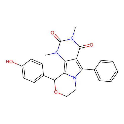 10-(4-hydroxyphenyl)-1,3-dimethyl-5-phenyl-1,7,8,10-tetrahydro-2H-pyrimido[4',5':3,4]pyrrolo[2,1-c][1,4]oxazine-2,4(3H)-dione structure