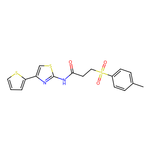 3-(4-methylbenzenesulfonyl)-N-[4-(thiophen-2-yl)-1,3-thiazol-2-yl]propanamide structure