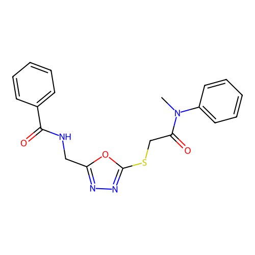 N-((5-((2-(methyl(phenyl)amino)-2-oxoethyl)thio)-1,3,4-oxadiazol-2-yl)methyl)benzamide structure
