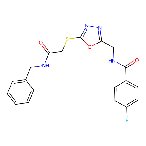 N-[(5-{[(benzylcarbamoyl)methyl]sulfanyl}-1,3,4-oxadiazol-2-yl)methyl]-4-fluorobenzamide structure