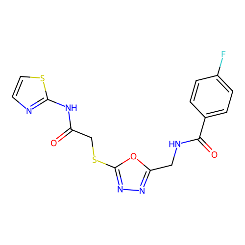 4-fluoro-N-((5-((2-oxo-2-(thiazol-2-ylamino)ethyl)thio)-1,3,4-oxadiazol-2-yl)methyl)benzamide structure